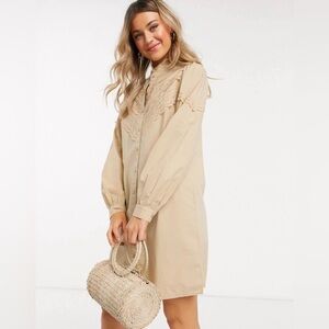 Pieces Poplin Shirt Dress With Lace Detail in Beige Size L